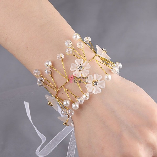 Bratara eleganta de mana BRM031 Aurie cu cristale si perle